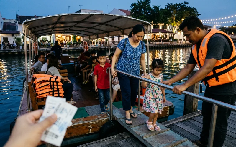 A family boarding the river cruise boat at the jetty in the evening