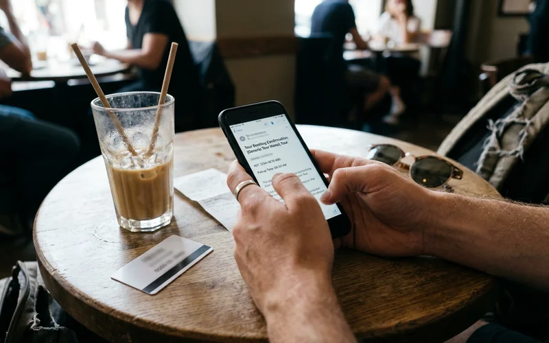 A phone showing a booking confirmation voucher on a cafe table