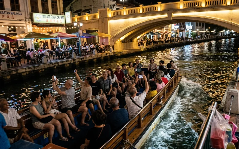 A full river cruise boat passing lit bridges on a busy holiday weekend
