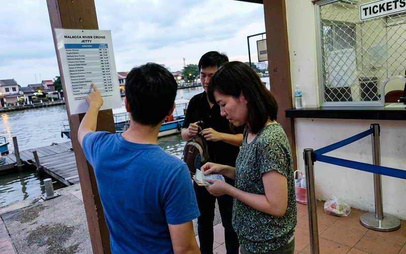 Visitors reading the ticket price board at the river cruise jetty entrance