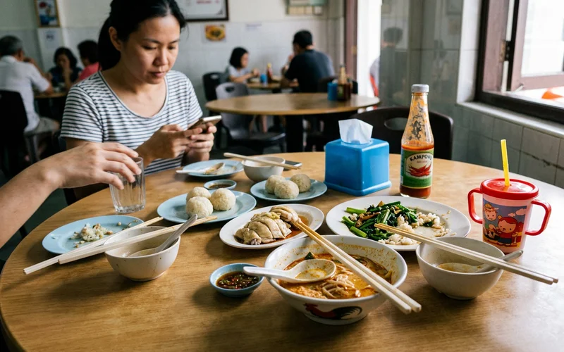A table of local Malacca dishes mid-meal under warm restaurant light