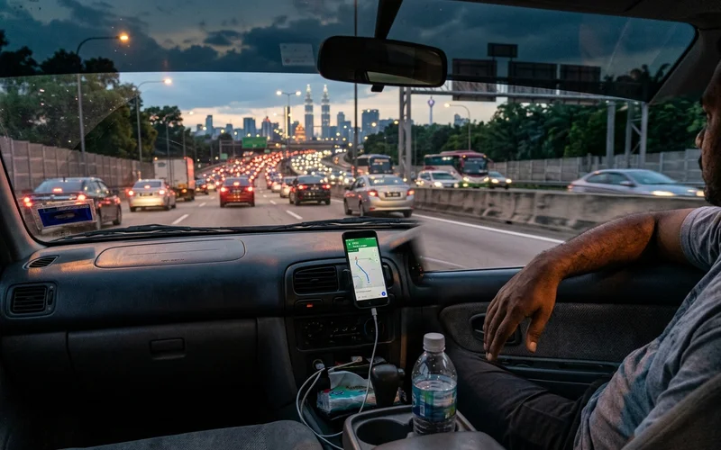 The view from inside a car on the highway back toward Kuala Lumpur at dusk