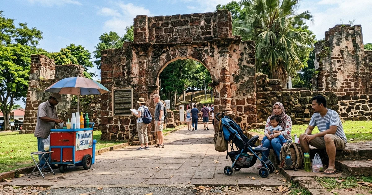 The A Famosa gate, Porta de Santiago, with visitors passing in daylight