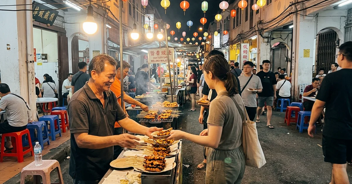 The Jonker Street night market busy with food stalls, lanterns and a browsing crowd
