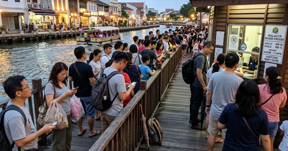 A busy queue of visitors waiting at the Malacca river cruise jetty on a holiday evening