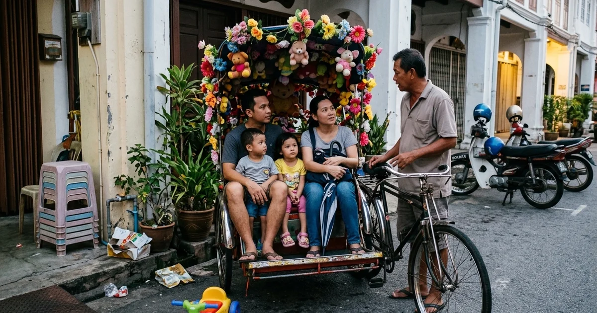 A family with two children seated on a decorated trishaw in the Malacca old town at dusk