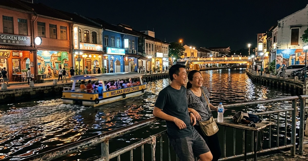 The illuminated Malacca River at night with a tour boat passing lit shophouses