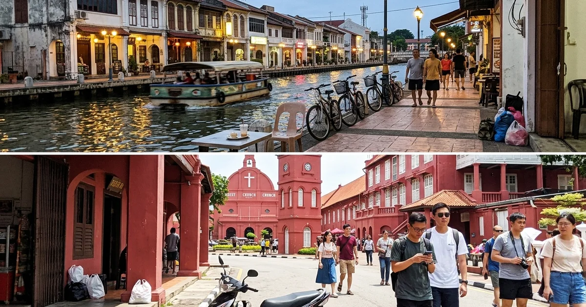 The lit Malacca river in the evening paired with a bright daytime heritage street