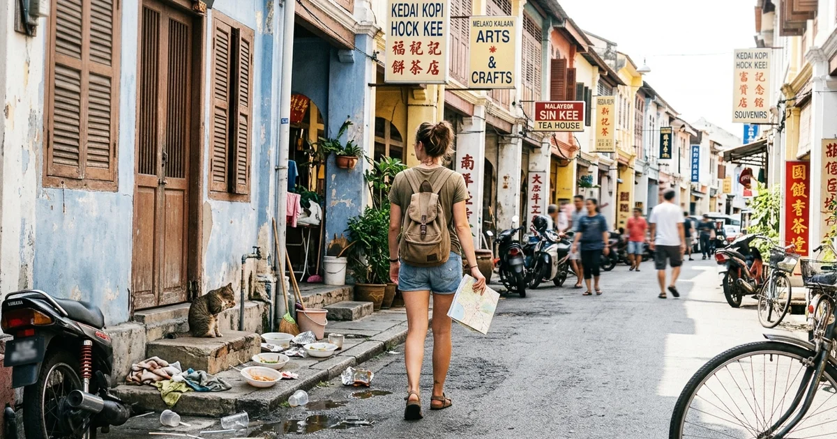 A traveller with a small backpack walking a Malacca heritage street in daylight