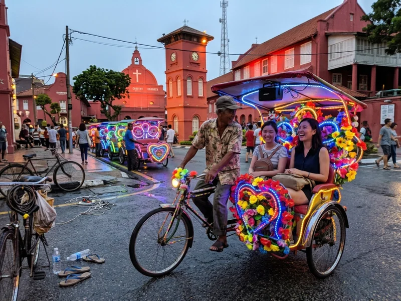 A decorated trishaw with passengers near Dutch Square at dusk
