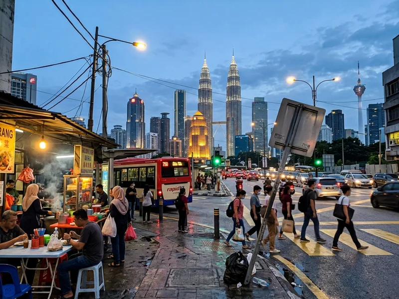 The Kuala Lumpur skyline lit up in the early evening from street level