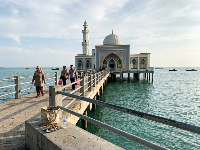 Masjid Selat Melaka standing over the water in late afternoon light