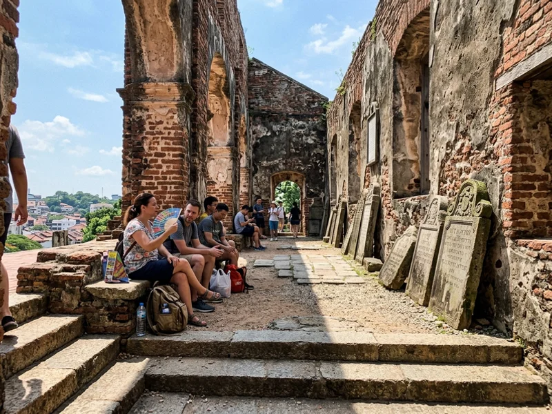 The ruined church on St Paul's Hill with visitors resting in the shade