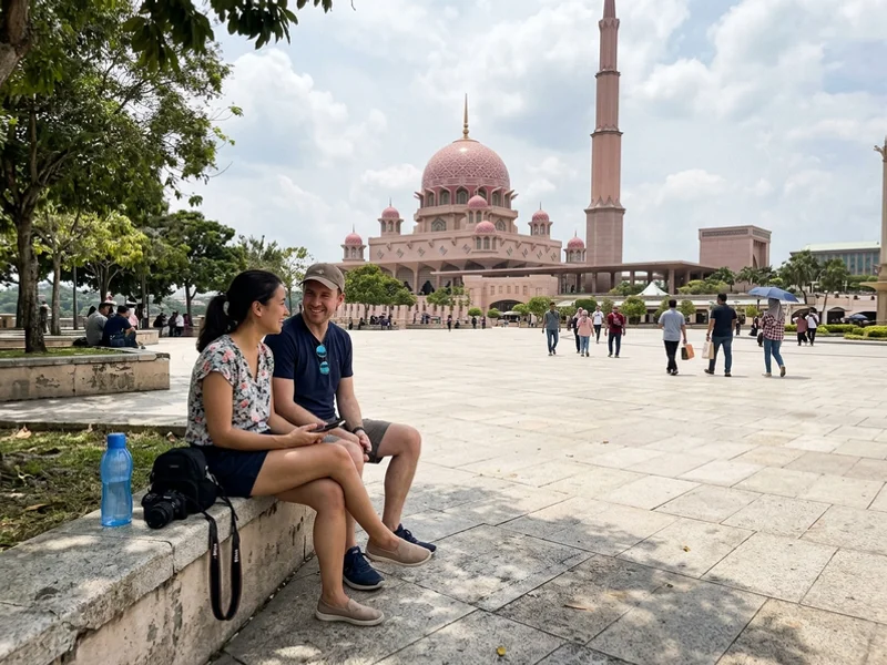 The plaza in front of Putra Mosque in Putrajaya with visitors walking