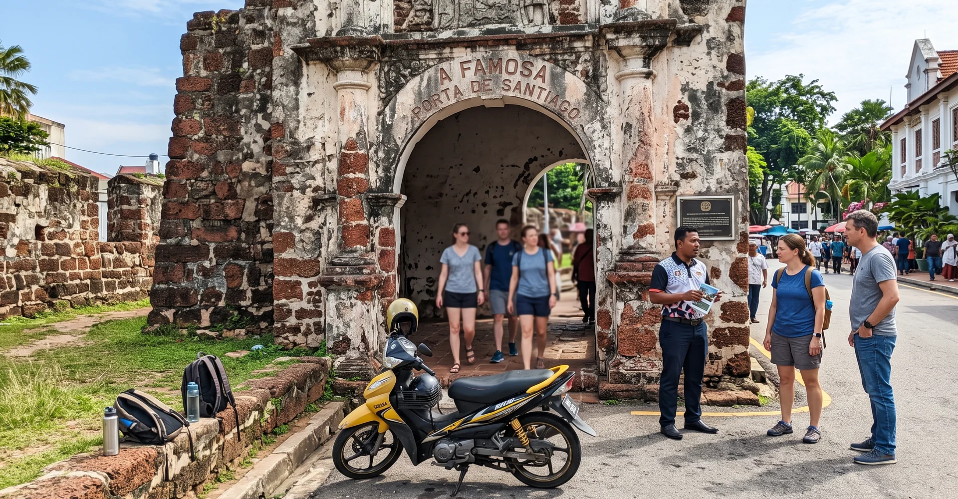 The A Famosa gate in Malacca with visitors passing in bright morning daylight