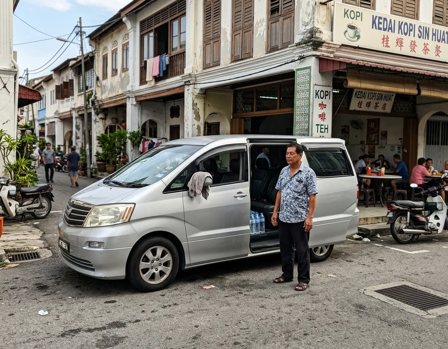 An air-conditioned MPV parked on a quiet Malacca street with the driver waiting