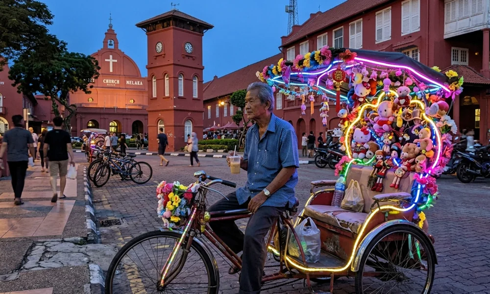 A decorated neon trishaw waiting near the Red Square in Malacca at dusk, everyday evening light