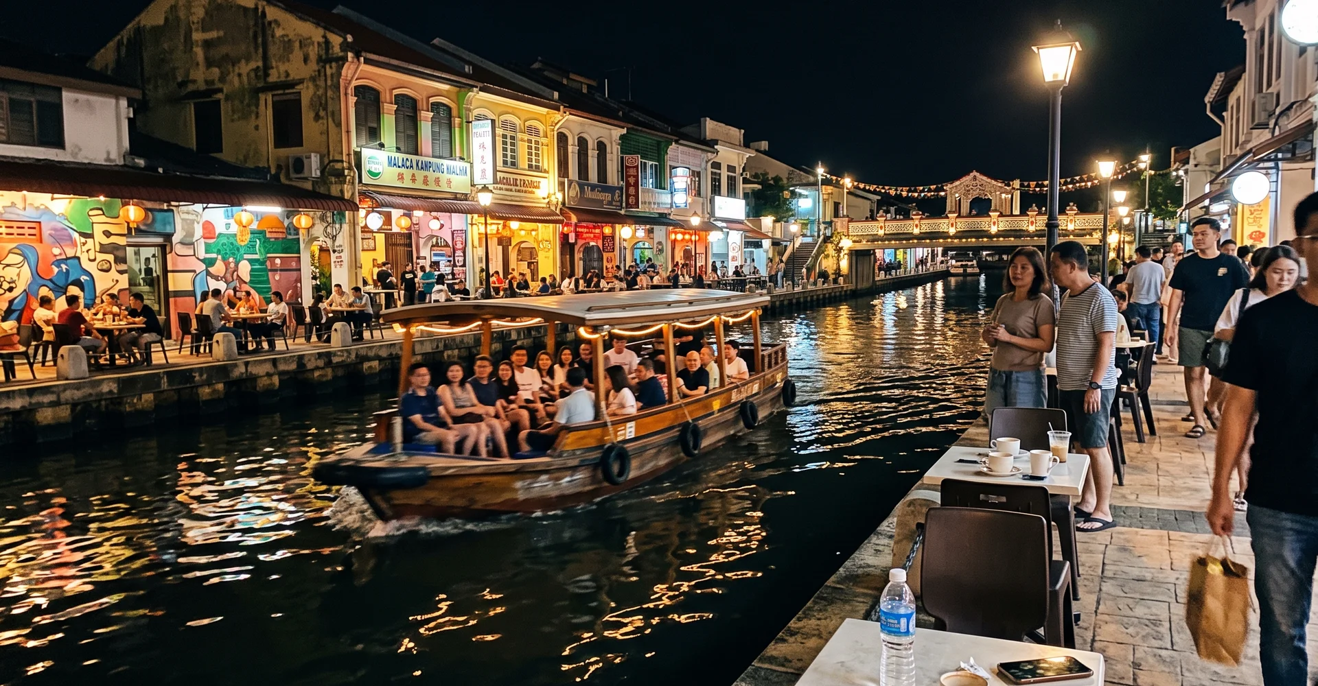The Malacca River at night, lit shophouses and a bridge reflected in the water as a cruise boat passes