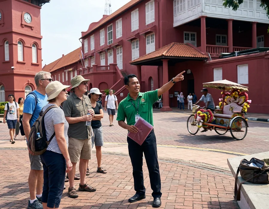 A licensed guide explaining the Stadthuys to a small group at Dutch Square